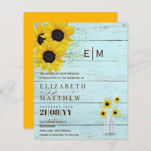 Papier BUDGET Rustique Tournesols Gypsophila Mariage Invi (Devant / Derrière)