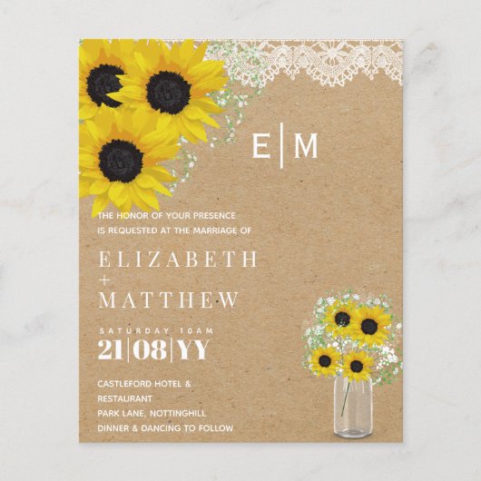 Papier BUDGET Rustique Tournesols Gypsophila Mariage Invi (Devant)