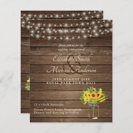 Papier Budget Rustique Tournesols Mariage Sud (Devant / Derrière)