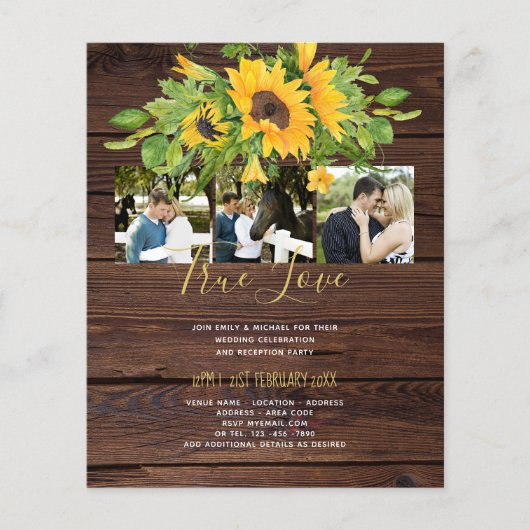 Papier Budget Rustique Tournesols photo Invitations de ma (Devant)