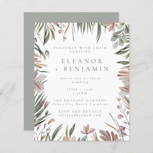 Papier Budget Rustique Verdure Sage élégant Mariage Invit (Devant / Derrière)