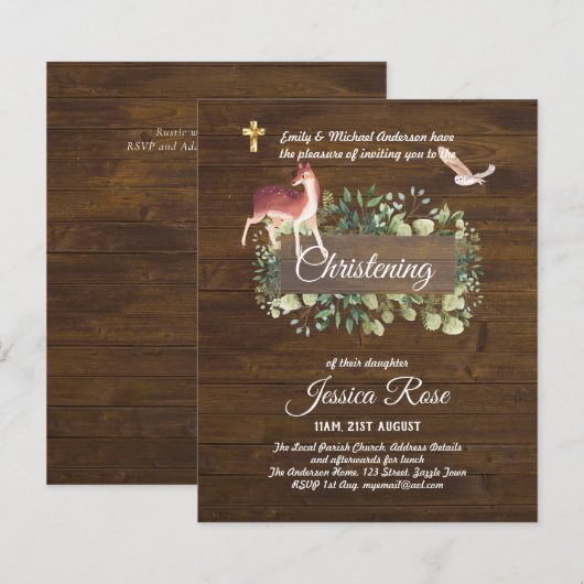 Papier BUDGET Rustique Woodland Christening Invitation Ba (Devant / Derrière)