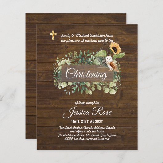 Papier BUDGET Rustique Woodland Christening Invitation Ba (Devant / Derrière)