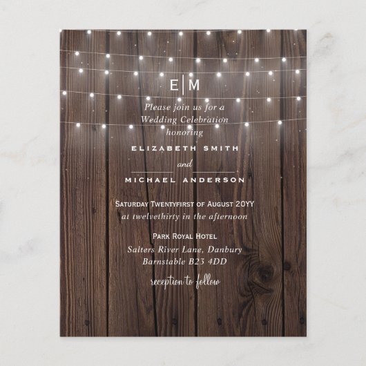 Papier BUDGET Rustique Woodland Lumières Mariage Invite (Devant)