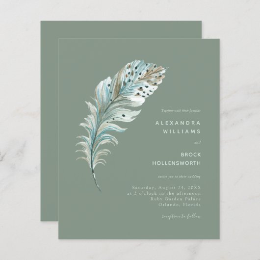 Papier Budget Sage Boho Feather Minimal Wedding Invitatio (Devant / Derrière)