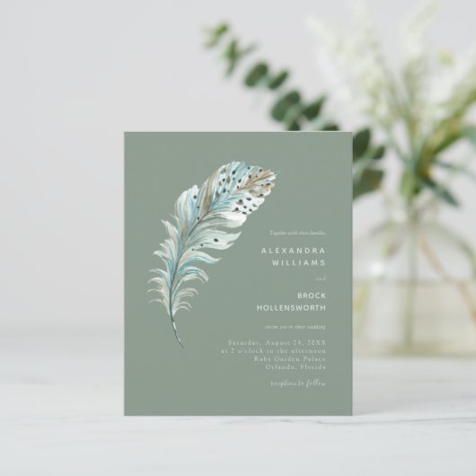 Papier Budget Sage Boho Feather Minimal Wedding Invitatio (Debout devant)
