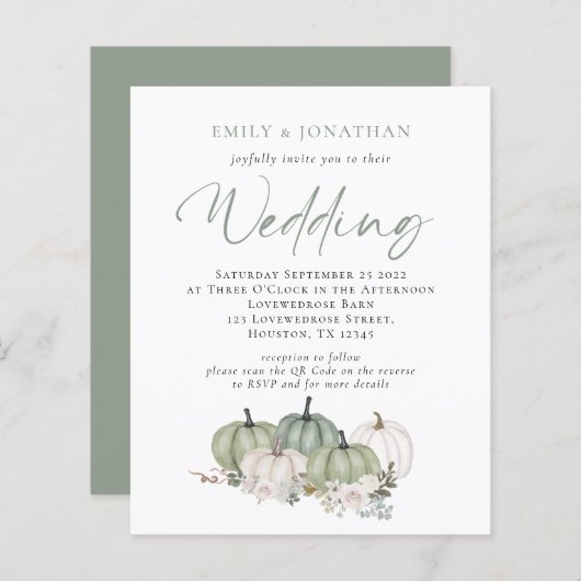 Papier Budget Sage Citrouilles Florals QR Wedding Invitat (Devant / Derrière)