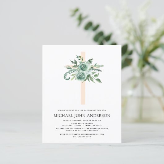 Papier Budget Sage Eucalyptus Baptême Vert Invitation (Debout devant)
