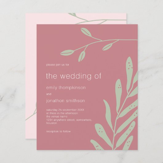 Papier Budget Sage Foliage Dusty Rose Faire-part de maria (Devant / Derrière)