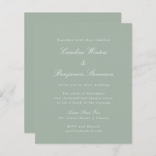 Papier Budget Sage Formal Élégant Mariage Invitation (Devant / Derrière)