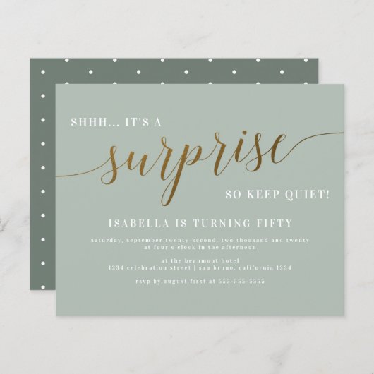 Papier Budget Sage & Gold Script Surprise fête d'annivers (Devant / Derrière)