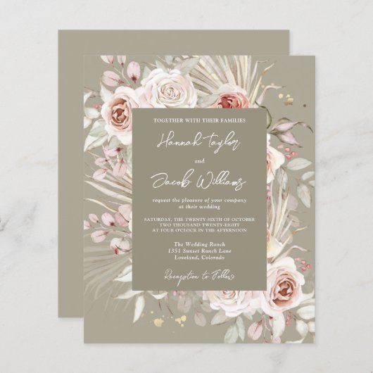 Papier Budget Sage Green Boho Floral Faire-part de mariag (Devant / Derrière)