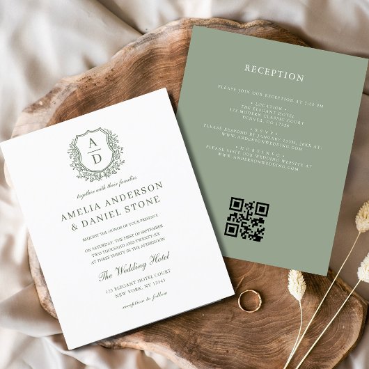 Papier Budget Sage Green Crest Monogramme Mariage QR Code