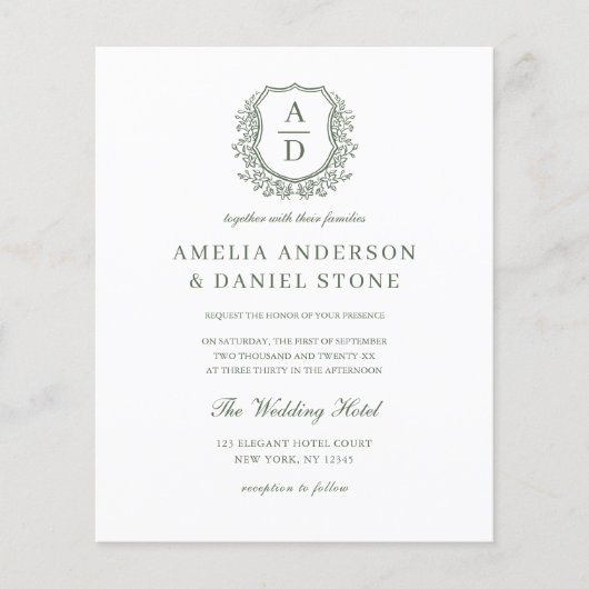 Papier Budget Sage Green Floral Crest Monogramme Mariage (Devant)