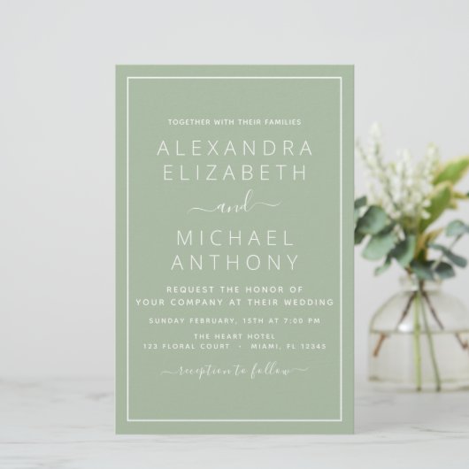 Papier Budget Sage Green Mariage Invitation moderne (Debout devant)