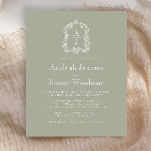 Papier Budget Sage Green Monogram Crest Mariage Invitatio