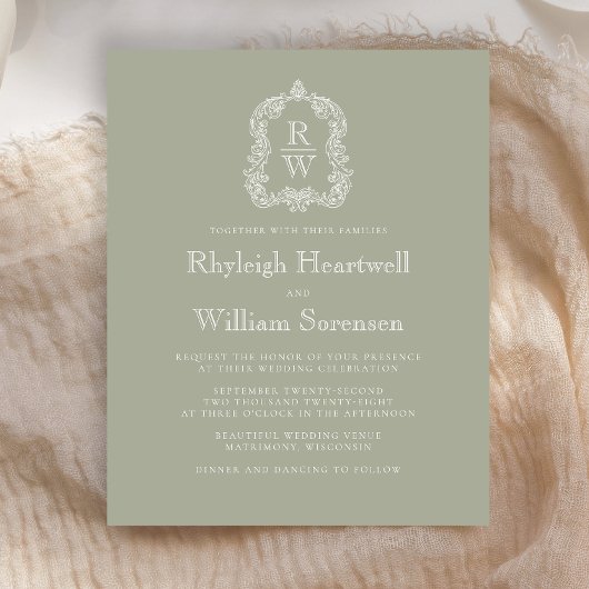 Papier Budget Sage Green Monogram Crest Mariage Invitatio