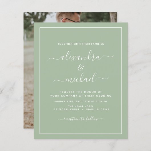 Papier Budget Sage Mariage vert avec invitation photo (Devant / Derrière)