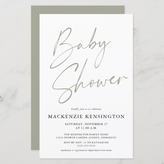 Papier Budget Sage Olive Green Simple Script Baby shower (Devant / Derrière)