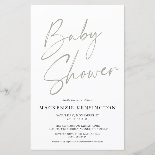 Papier Budget Sage Olive Green Simple Script Baby shower (Devant)