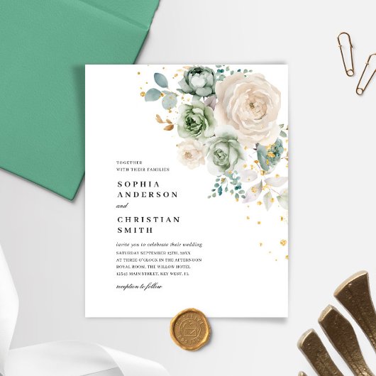 Papier Budget Sage Vert & Blanc Fleurs Mariage invit