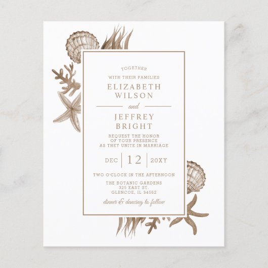 Papier Budget Sandy Seashells Plage Mariage Invitation (Devant)