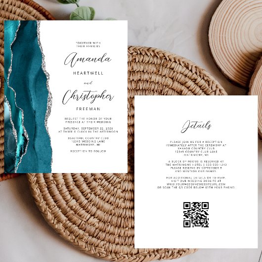 Papier Budget Sarcelle Bleu Argent Agate Code QR Mariage
