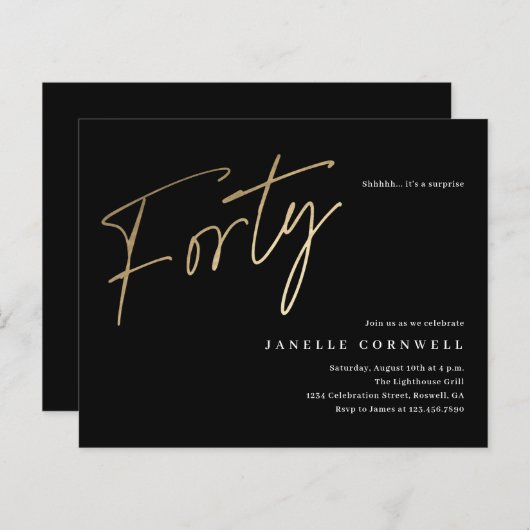 Papier Budget Script Black Gold 40th Birthday Invitation (Devant / Derrière)