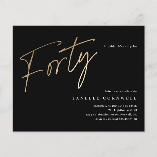 Papier Budget Script Black Gold 40th Birthday Invitation (Devant)