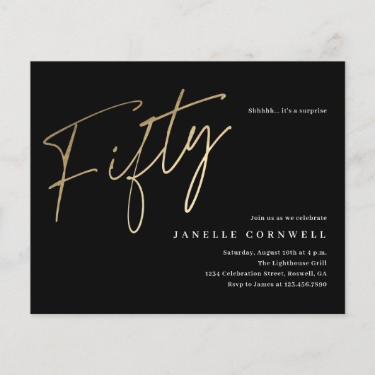 Papier Budget Script Black Gold 50th Birthday Invitation (Devant)