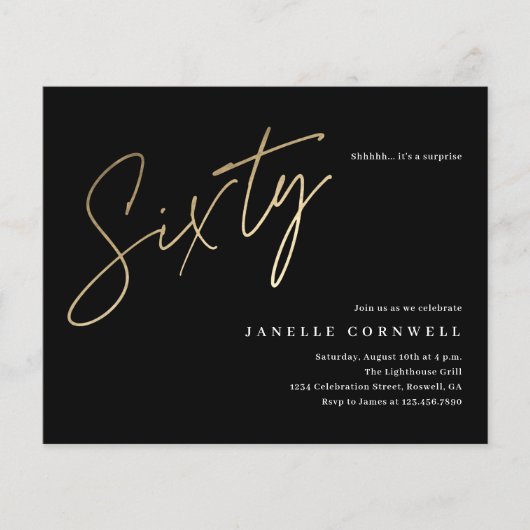 Papier Budget Script Black Gold 60th Birthday Invitation (Devant)