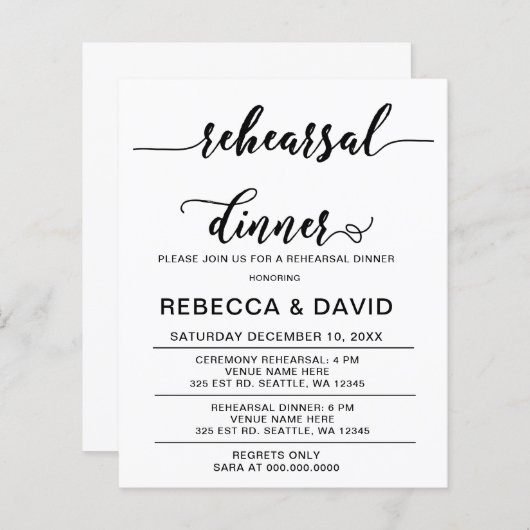 Papier Budget Script Black Rehearer Dîner Invitation (Devant / Derrière)