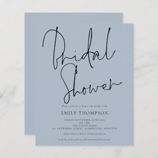 Papier Budget Script Dusty Blue Bridal Shower Invitation (Devant / Derrière)