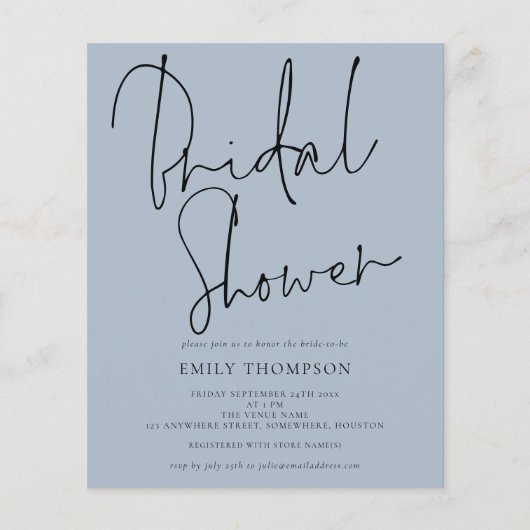 Papier Budget Script Dusty Blue Bridal Shower Invitation (Devant)
