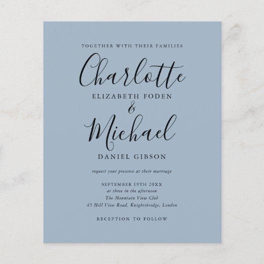 Papier Budget Script Dusty Faire-part de mariage bleu (Devant)