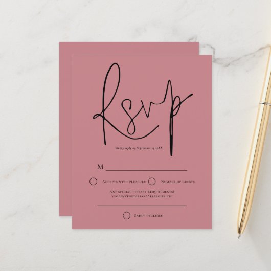 Papier Budget Script Dusty Rose Wedding RSVP (Devant/Arrière en situation)