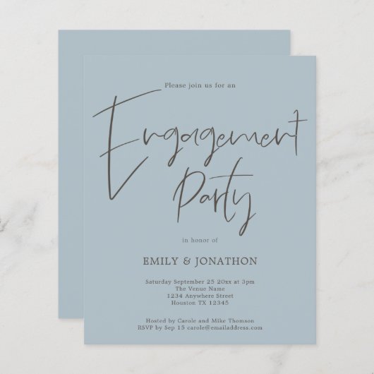 Papier Budget Script Engagement Party Dusty Blue Invitati (Devant / Derrière)