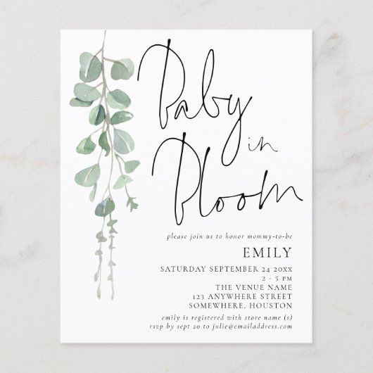 Papier Budget Script Eucalyptus Baby in Bloom Invitation (Devant)