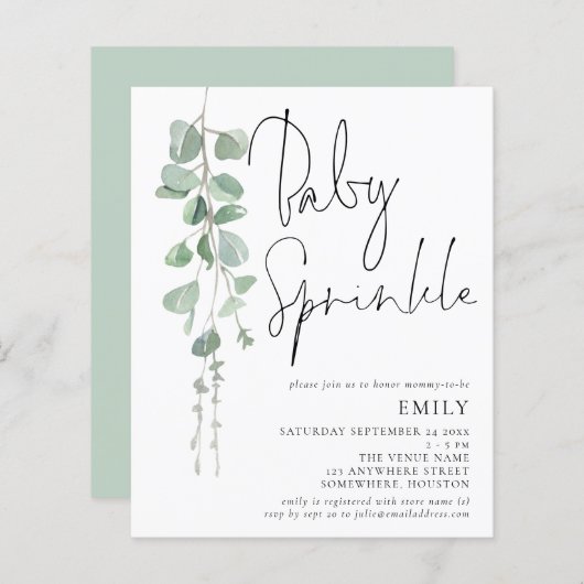 Papier Budget Script Eucalyptus Baby Sprinkle Invitation (Devant / Derrière)