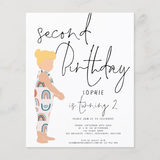Papier Budget Script Girl Blonde 2e anniversaire Invitati (Devant)