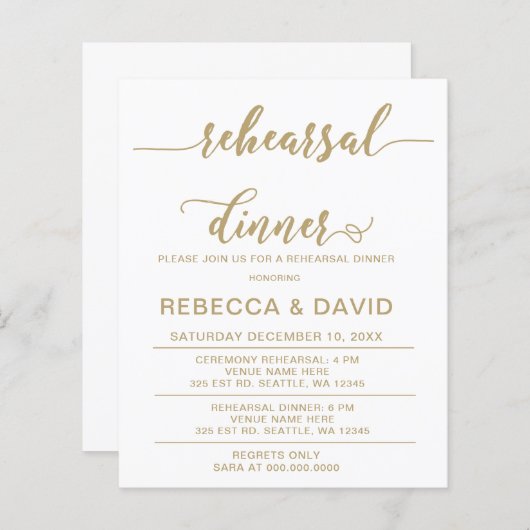 Papier Budget Script Gold Répétition Dîner Invitation (Devant / Derrière)
