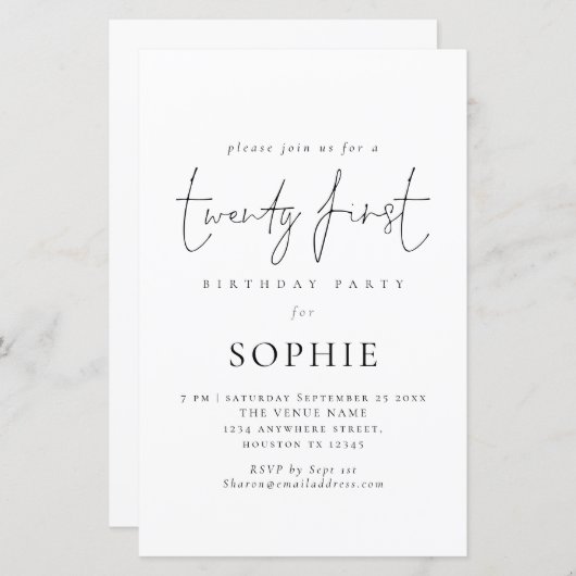 Papier Budget Script informel 21e anniversaire Invitation (Devant / Derrière)