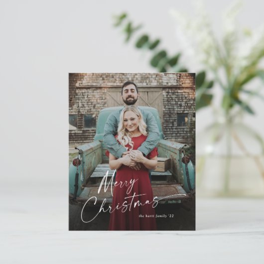 Papier Budget Script Joyeux Noël Photo Holiday Card (Debout devant)