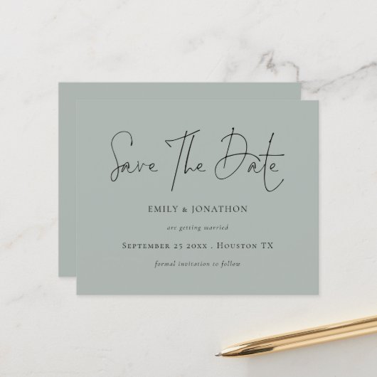 Papier Budget Script Light Sage Green Enregistrer La Date (Devant/Arrière en situation)