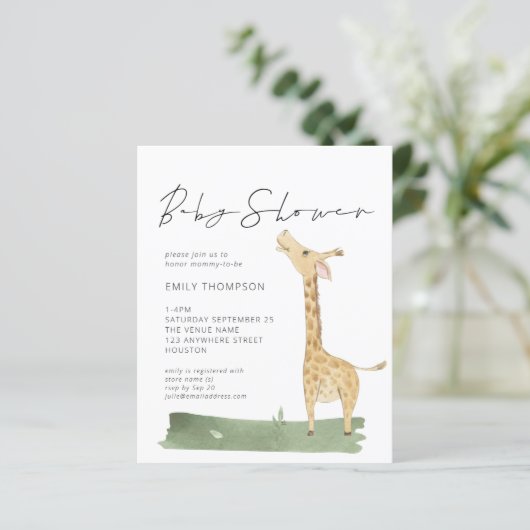 Papier Budget Script mignon Giraffe Baby shower Invitatio (Debout devant)