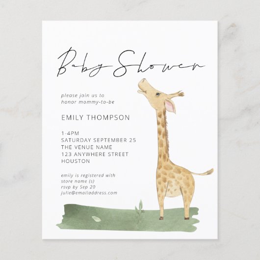 Papier Budget Script mignon Giraffe Baby shower Invitatio (Devant)