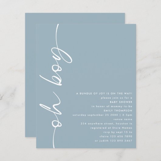 Papier Budget Script Oh Boy Dusty Baby shower bleu (Devant / Derrière)