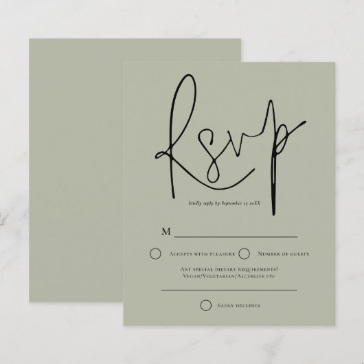 Papier Budget Script Pale Sage Vert Mariage RSVP (Devant / Derrière)
