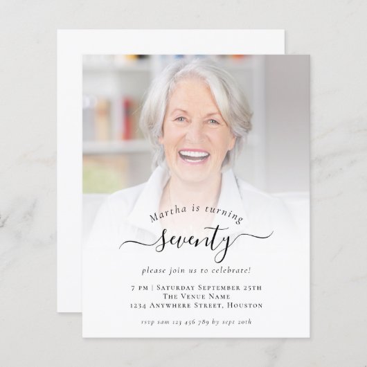 Papier Budget Script photo 70e anniversaire Invitation de (Devant / Derrière)