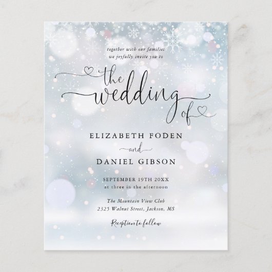 Papier Budget Script Photo Hiver Mariage Invitation (Devant)